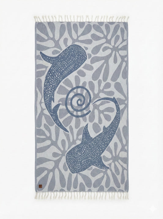 Towel with whale shark and coral pattern on a white background